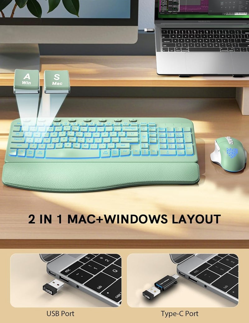 SABLUTE Ergonomic Wireless Keyboard and Mouse Combo - Wave Keyboard with Soft Leather Wrist Rest, Resistant Keys, RGB Backlit Rechargeable Set for PC/Mac/Chromebook (Green) - Image 5